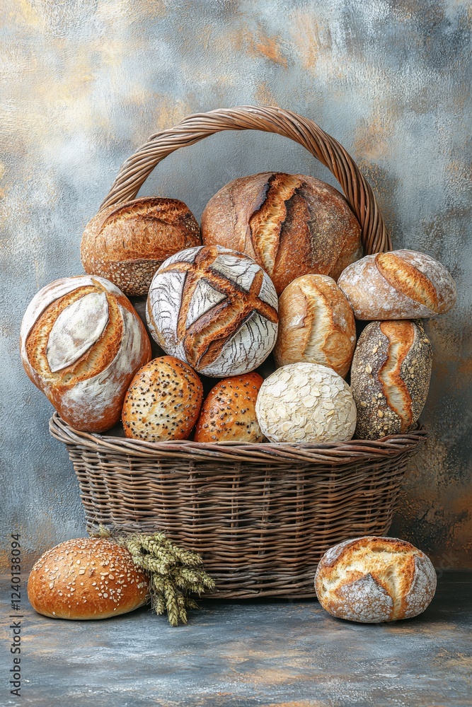 Poster assorted bread loaves and rolls in wicker basket on textured surface with wheat stalks