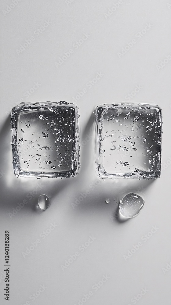 Poster two clear ice cubes with water drops on white surface creating a cool and refreshing still life