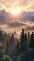 Obraz premium Breathtaking Mountain Landscape with Glowing Sunrise Sky and Misty Evergreen Forests mountain landscape