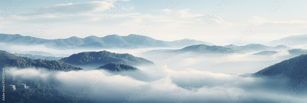 Poster misty mountains enveloped in serene clouds at dawn in the countryside. generative ai