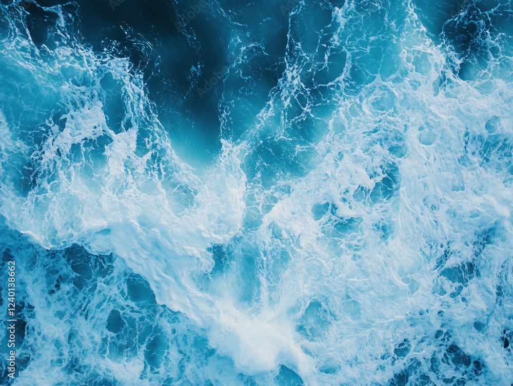 Poster aerial view of ocean waves with white foam creating a dynamic abstract pattern