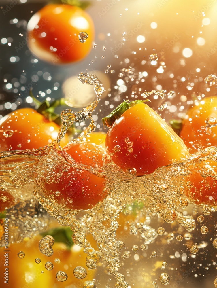 Poster orange tomatoes in water splash with golden light creating a dynamic and refreshing scene