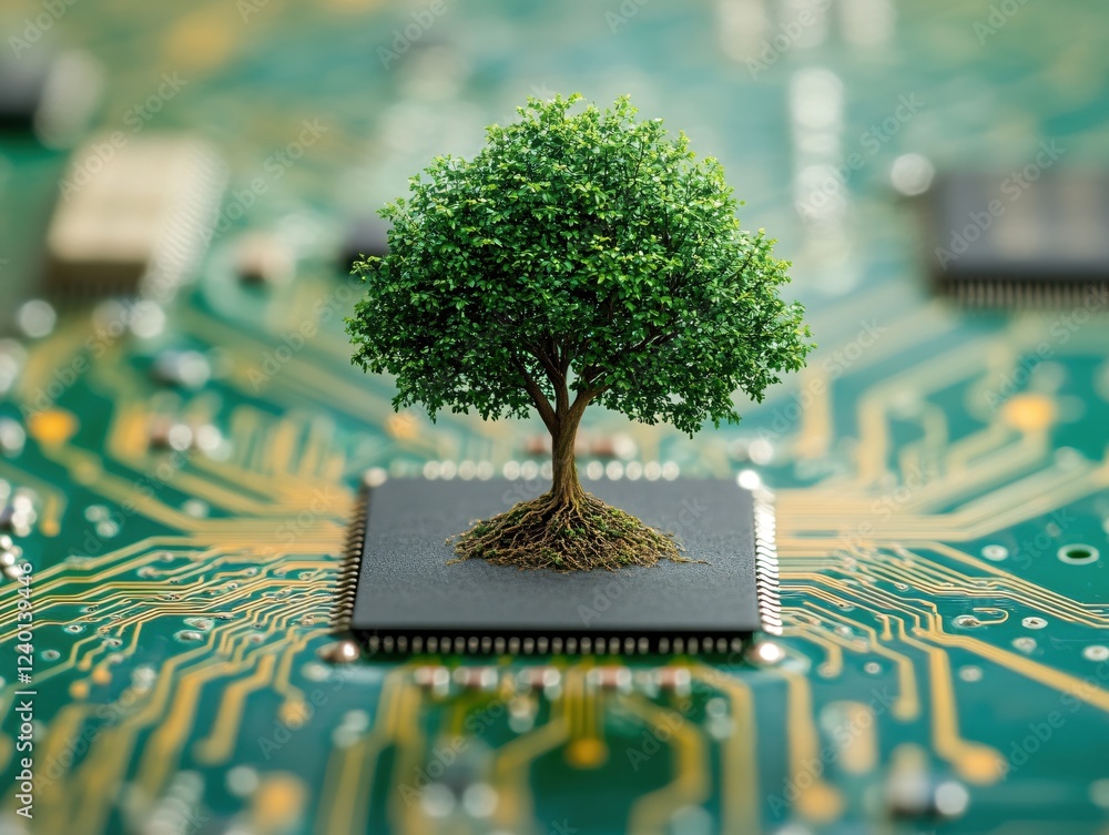 Poster tree growing on a computer chip representing technology and nature connection and sustainability
