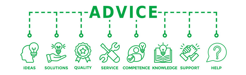 Advice banner web icon set vector illustration with icon of ideas, solutions, quality, service, competence, knowledge, support, and help