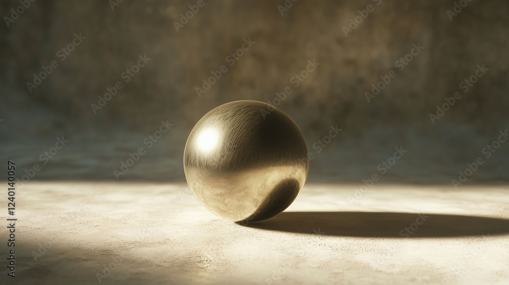 Poster minimalist composition highlighting a single gleaming sphere on a textured surface with dramatic lig