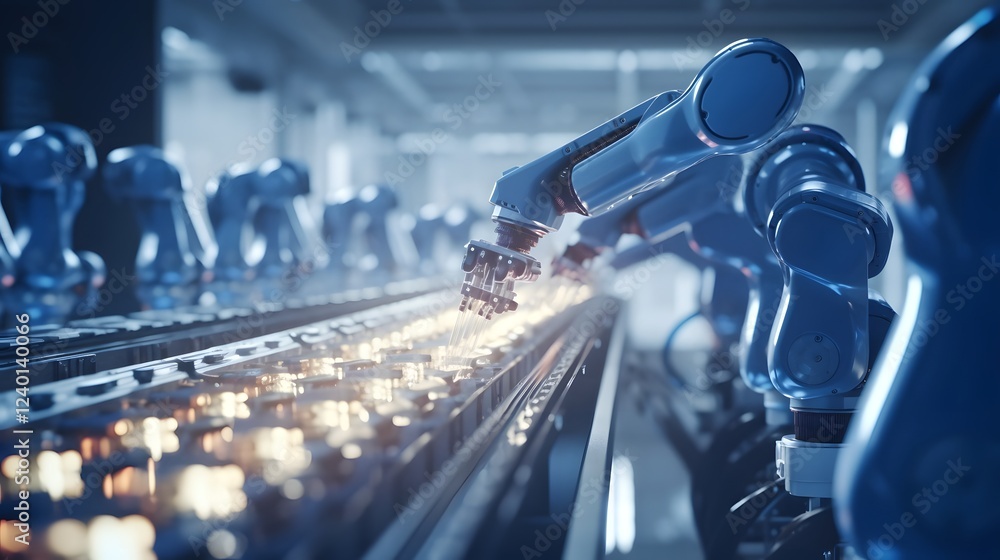Poster robotic arms meticulously assembling products on the factory floor of a cutting edge high technology
