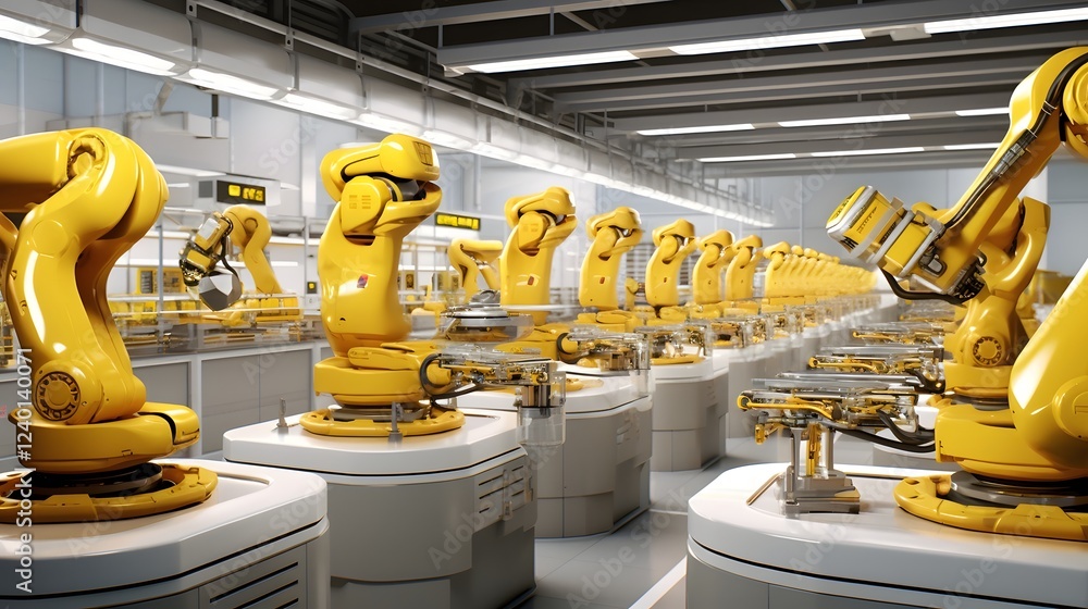 Poster robotic arms efficiently assembling products in a high tech factory setting showcasing the latest ad