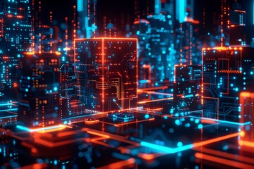 Digital Cityscape Data streams flow, glowing cubes. Futuristic tech background