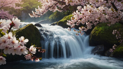 peaceful waterfall in the forest with cherry blossom trees