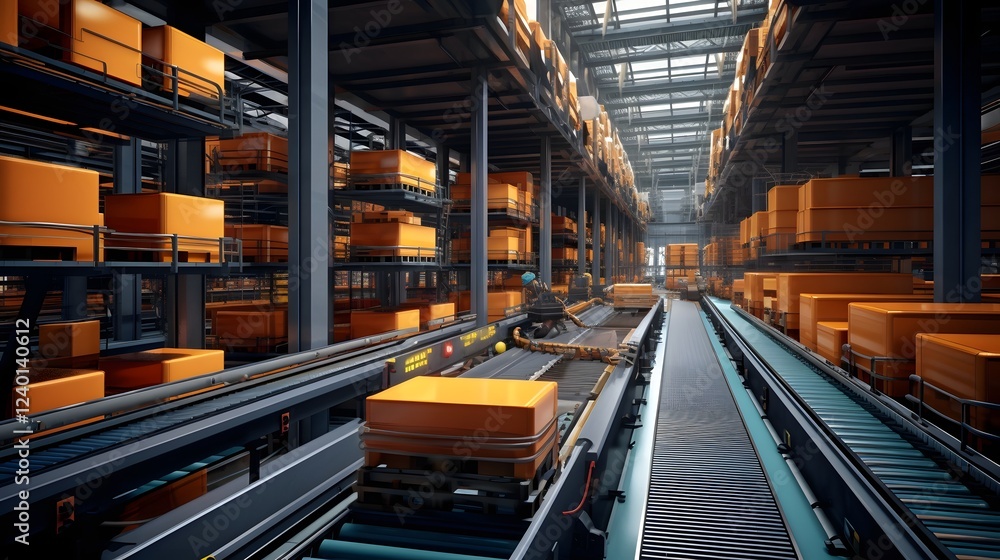 Aufkleber automated conveyor belt system transporting and handling various goods and packages in a large moder