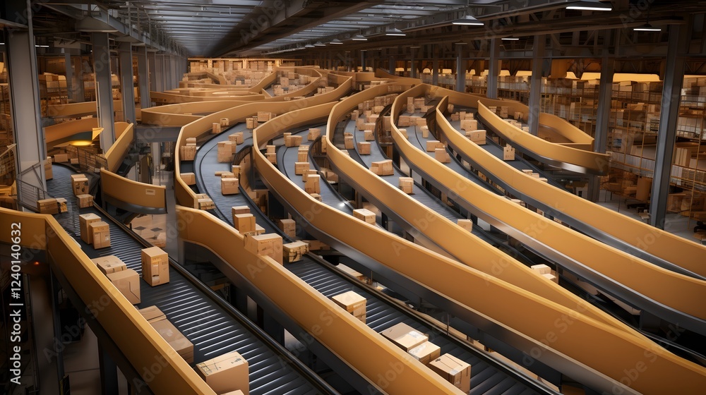 Poster automated conveyor belts efficiently moving and transporting various goods and packages through a sp