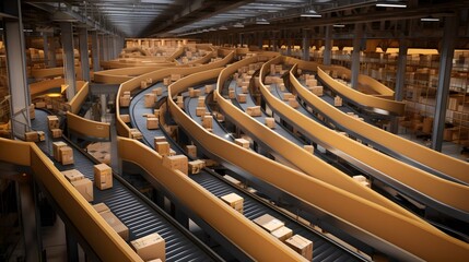 Fototapeta premium Automated conveyor belts efficiently moving and transporting various goods and packages through a spacious and organized warehouse facility
