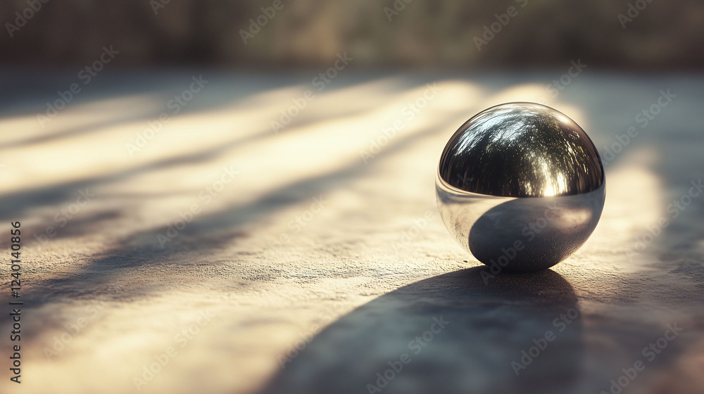Poster gleaming sphere resting on textured surface under soft light during serene afternoon. generative ai
