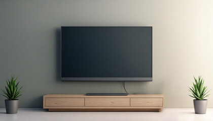 Modern living room interior with empty TV screen and minimalist decor