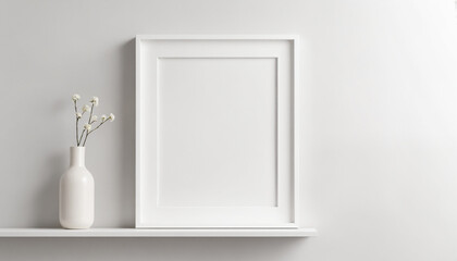 Empty white frame on shelf with minimalist vase and decorative flowers