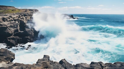 Fototapeta premium Dramatic cliffs overlooking a breathtaking turquoise ocean with powerful crashing waves This stunning seascape showcases the raw beauty and power of nature s coastal landscapes