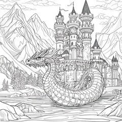 Obraz premium Medieval Castle and Dragon Coloring Page