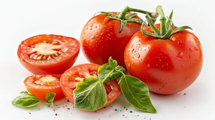 Juicy red tomatoes, basil, white background