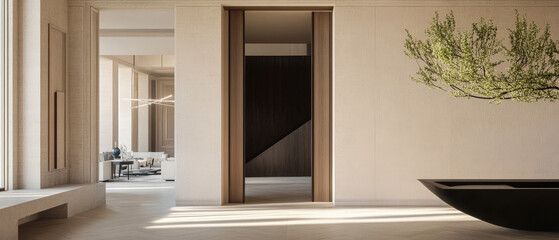Fototapeta premium Modern interior design highlighting minimalism and natural elements in a spacious area