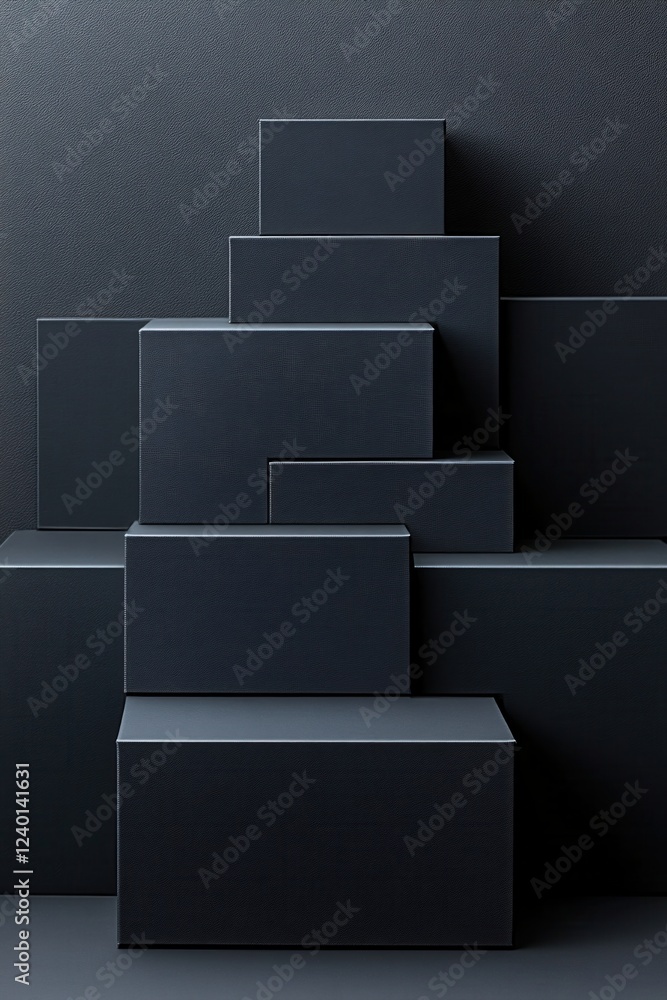 Poster dark textured boxes stacked in a step pattern against a dark background minimalist design
