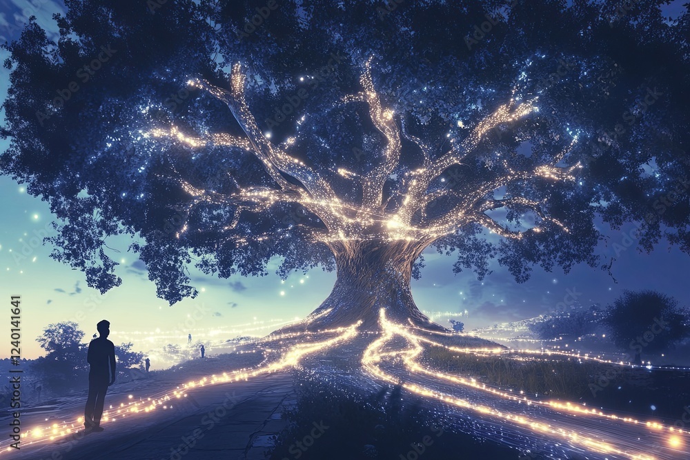 Poster majestic colossal tree with illuminated branches creating a magical atmosphere at dusk