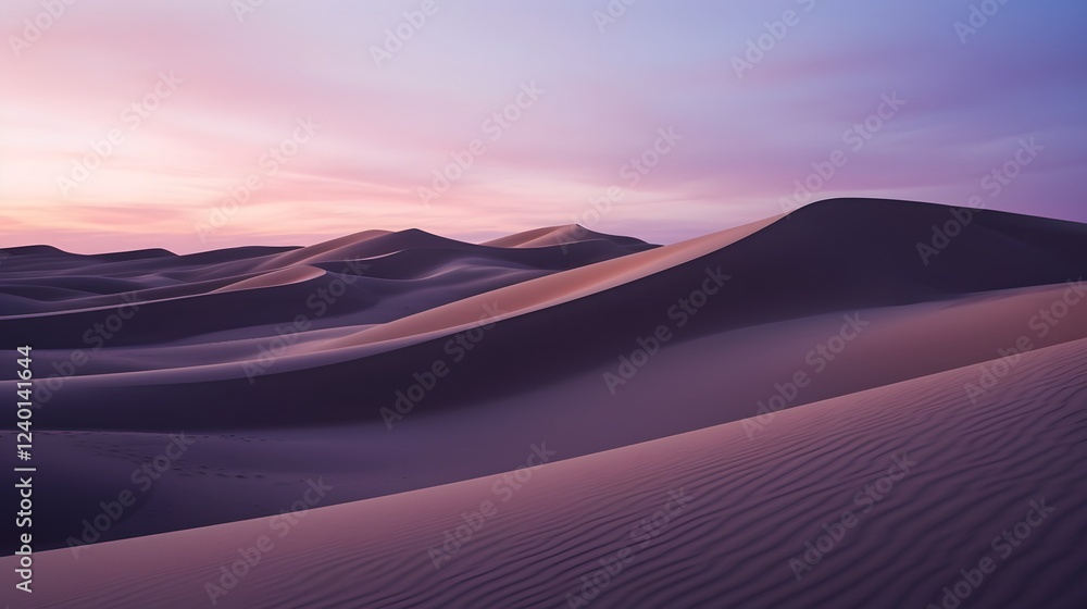 Poster vast undulating desert dunes sculpted by the wind under a captivating twilight sky creating a minima