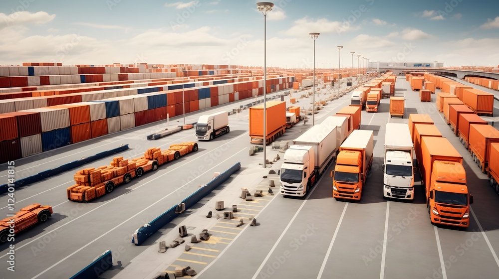 Poster bustling logistics hub with a fleet of cargo trucks loading and unloading various containers and fre