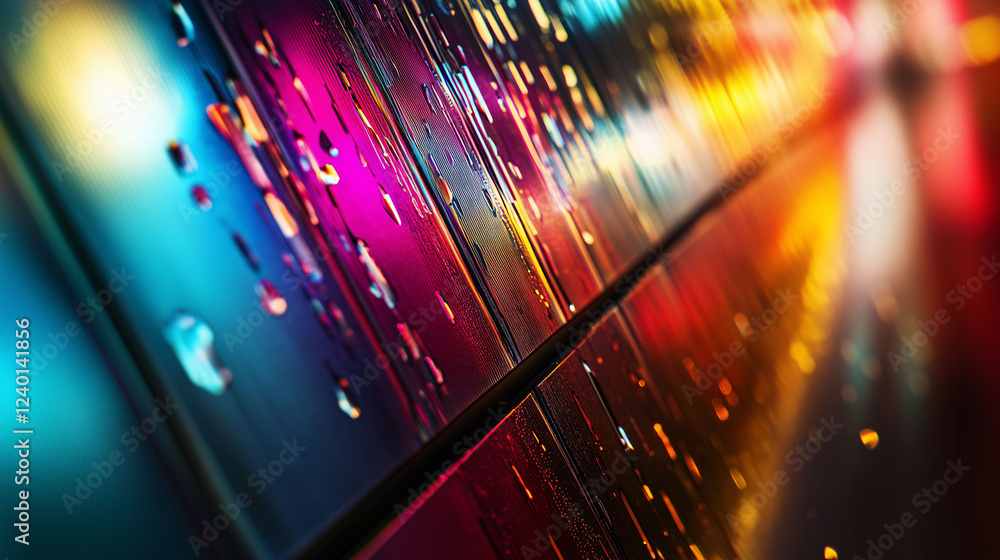 Poster vibrant reflections on sleek metallic surface illuminated by colorful lights in urban setting. gener