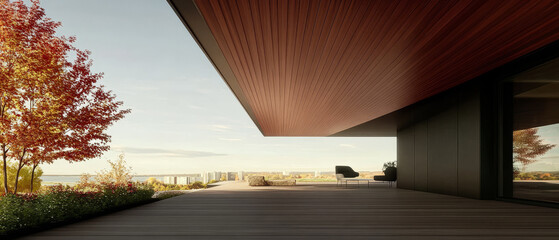 Modern architecture blends with nature in a serene outdoor setting during late afternoon