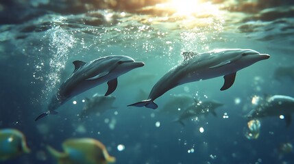 Obraz premium Two Dolphins Swimming Through Sunlit Ocean Water