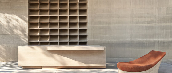 Modern wooden furniture arrangement in a minimalistic indoor space