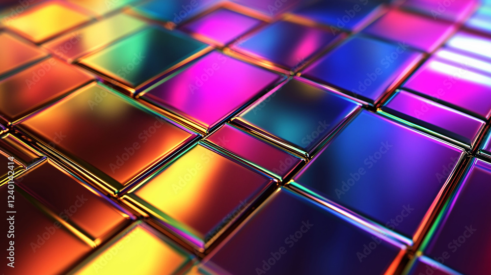 Poster brightly colored metallic tiles reflecting vibrant light patterns in a modern setting. generative ai