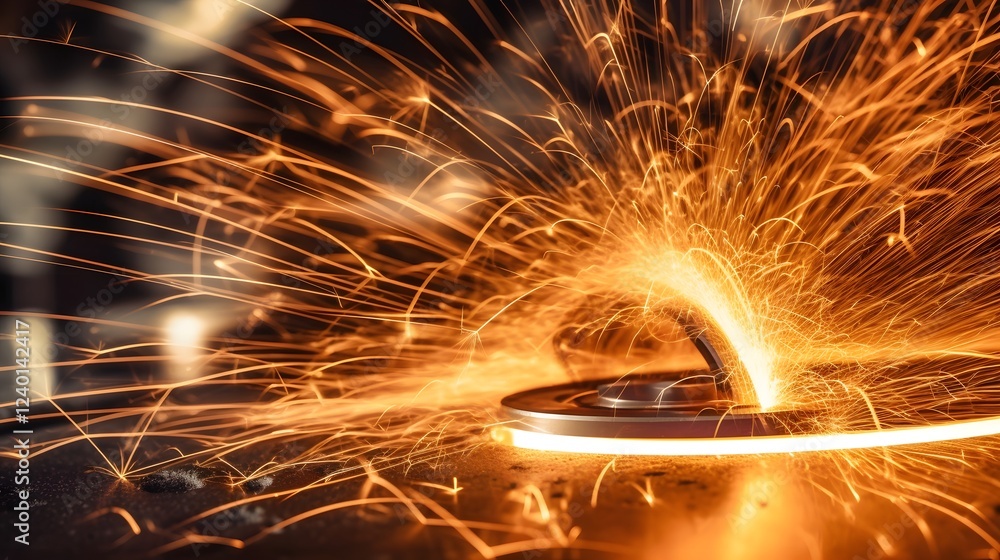 Poster closeup view of bright sparks igniting and flying from metal machinery in an industrial workshop or 