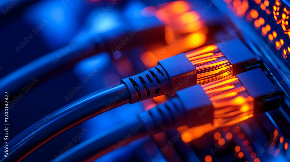 Poster close-up of glowing ethernet cables connected to a network switch, showcasing technological connecti