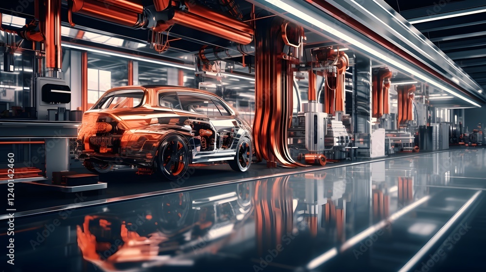 Poster highly automated automotive production facility with robotic assembly line showcasing efficient and 