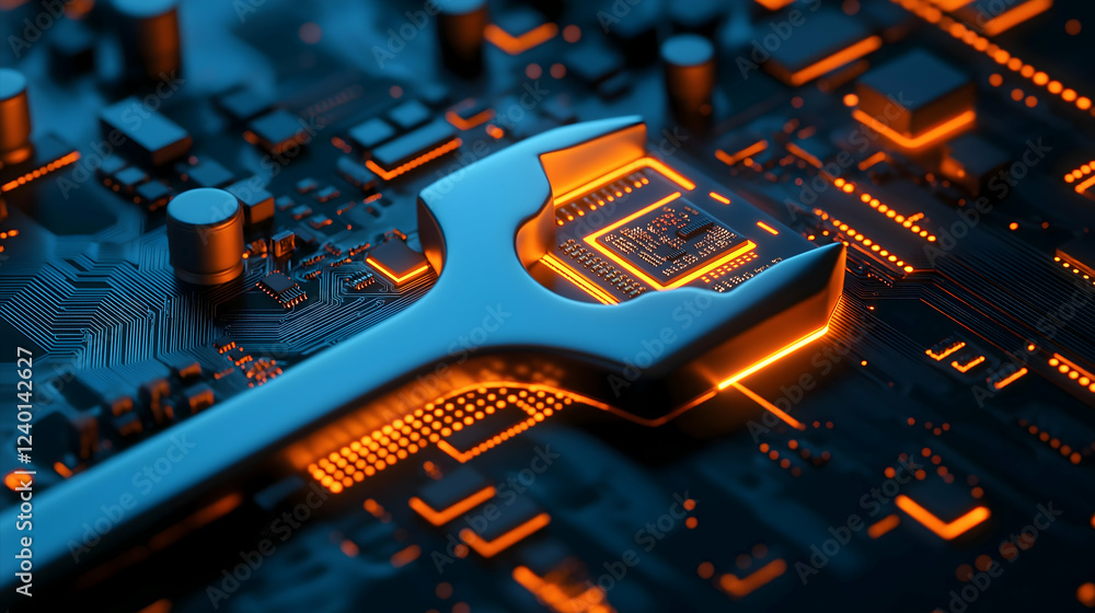 Poster a close-up of a metallic wrench on a glowing circuit board, highlighting the intersection of technol