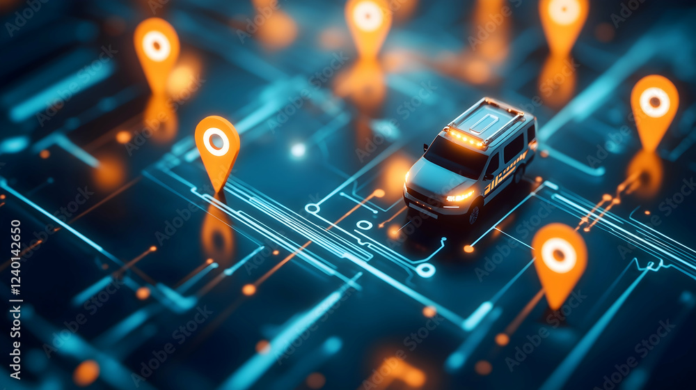 Poster a digital illustration of a vehicle surrounded by location pins, symbolizing navigation, mapping, an