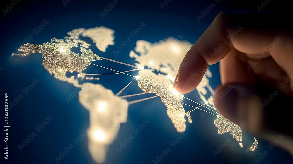 Poster a hand points at a glowing map of the world, symbolizing global connectivity, technology, and intera