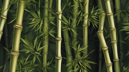 Dense bamboo forest, showcasing tall stalks and vibrant green leaves. A tranquil and serene natural scene.