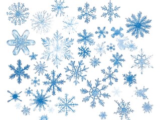 A collection of delicate icy blue snowflakes in various intricate symmetrical designs isolated on a white background, perfect for winter-themed graphics and prints.