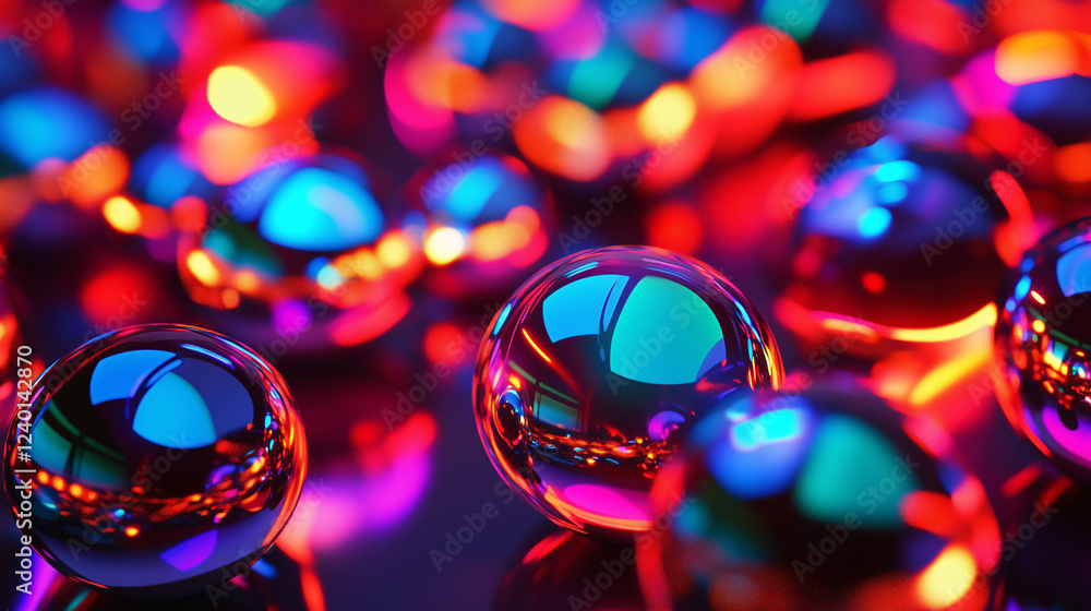 Poster vibrant spheres in glossy metallic hues create an enchanting visual spectacle. generative ai