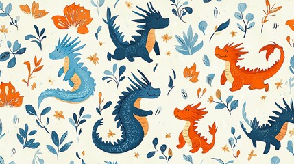 Adorable Dragons Seamless Pattern: Whimsical Fantasy Illustration with Cute Creatures and Floral Design