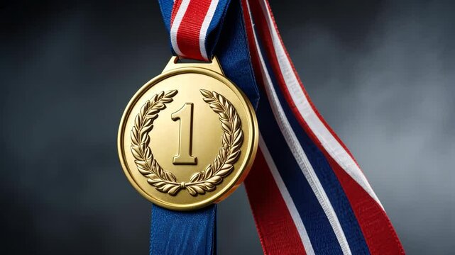 Shiny Gold Medal with Tri-Color Ribbon for First Place Achievement