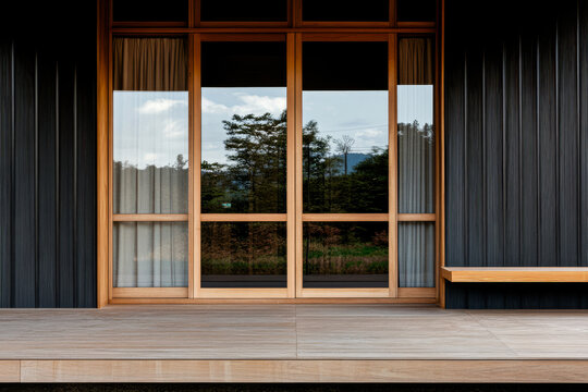 Fototapeta Modern wooden doors set in a sleek exterior with nature reflections during daylight