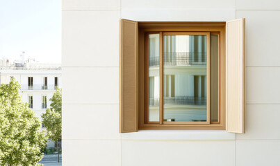 Fototapeta premium Elegant wooden window open to a sunny day in a modern building with green trees nearby