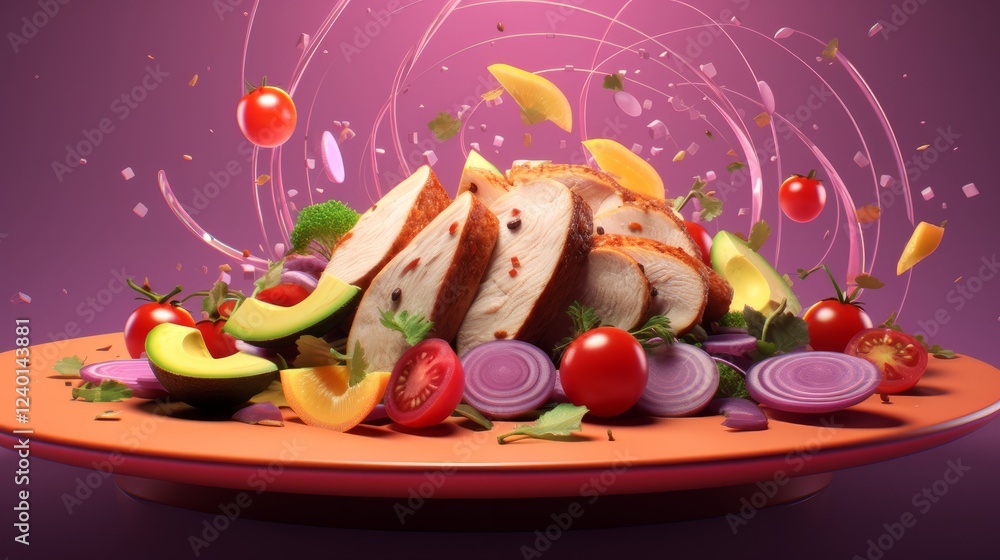 Poster sliced chicken with vibrant vegetables creating a playful feast on a bright platter. generative ai