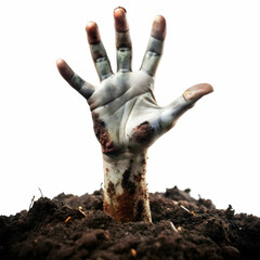 Zombie Hand Coming Out of Soil isolated on white Background