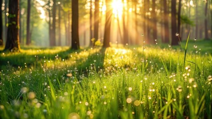 Obraz premium Golden Sunrise Illuminates Dew-Kissed Meadow in a Tranquil Woodland Setting