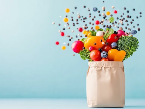 Bag filled with assorted fresh fruits and vegetables on a wooden table surface