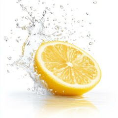 Lemon fruit splashing into clear water creating droplets and ripples in a dynamic scene